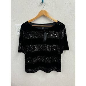 NWT Black Velvet and Sequin Worthington Crop Blouse Large